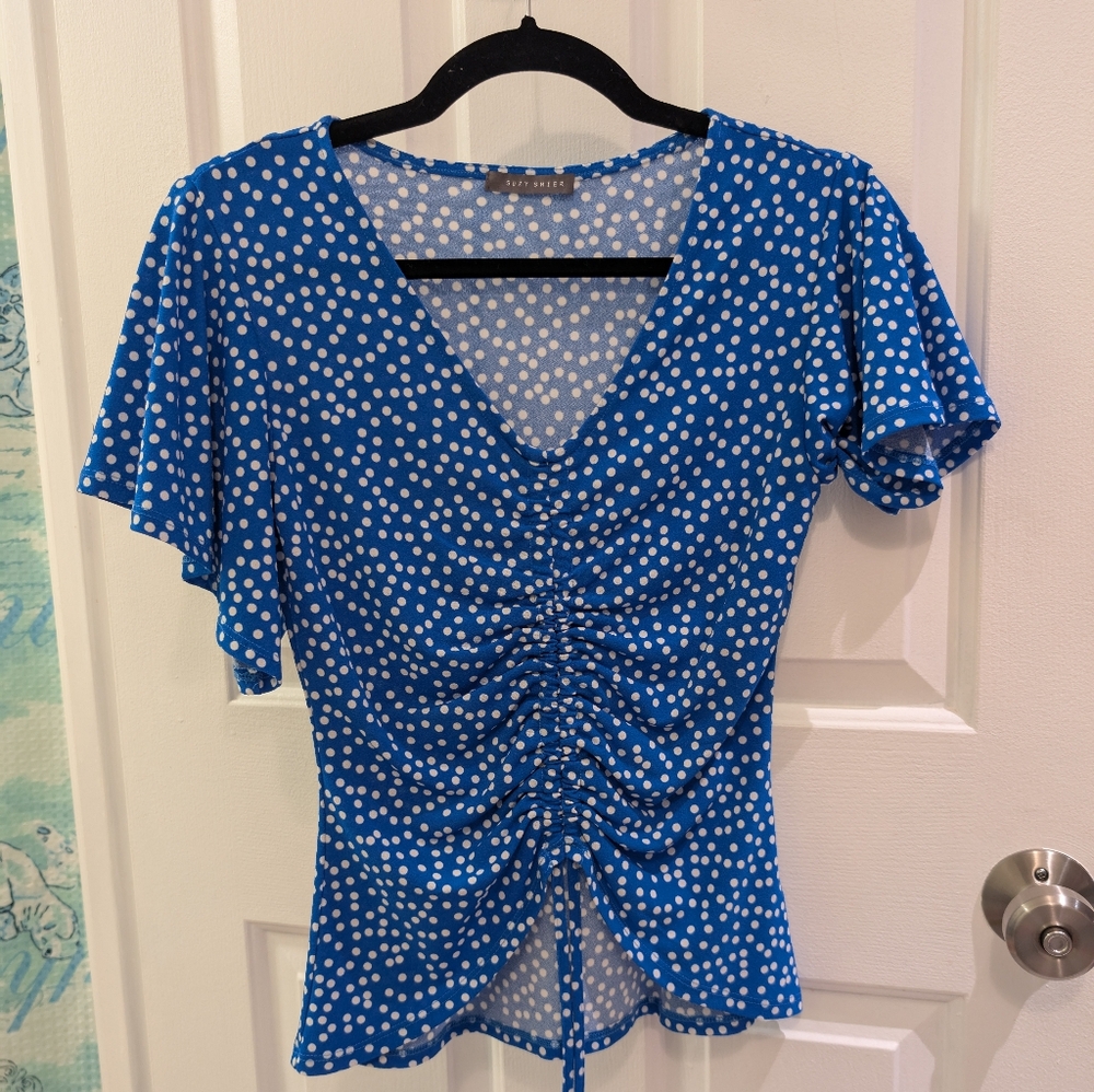 Suzy Shier Blue and White Flutter Sleeve Blouse with Ruched Tie Front